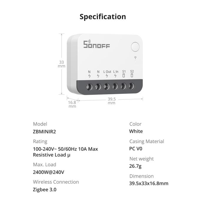 Sonoff ZB Mini R2 smart switch 2 vie Zigbee ZBMINIR2