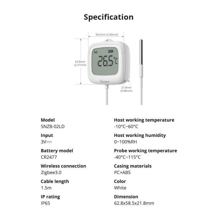Sonoff SNZB-02LD termometro smart lcd con sensore sonda IP65 Zigbee