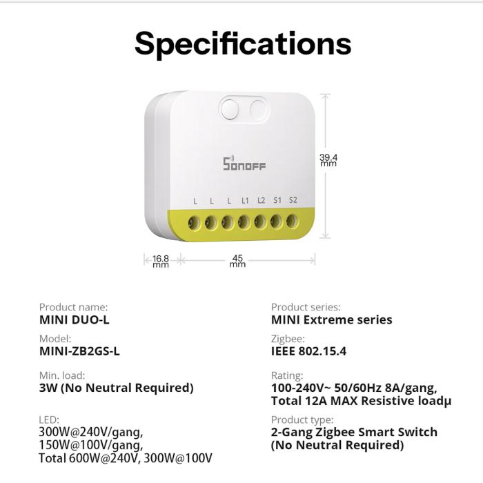 SONOFF MINI DUO-L Interruttore Intelligente Zigbee a 2 Vie | MINI-ZB2GS-L